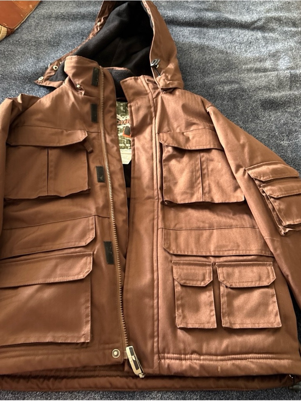 Kids Brown Utility Puffer Jacket with Hood
